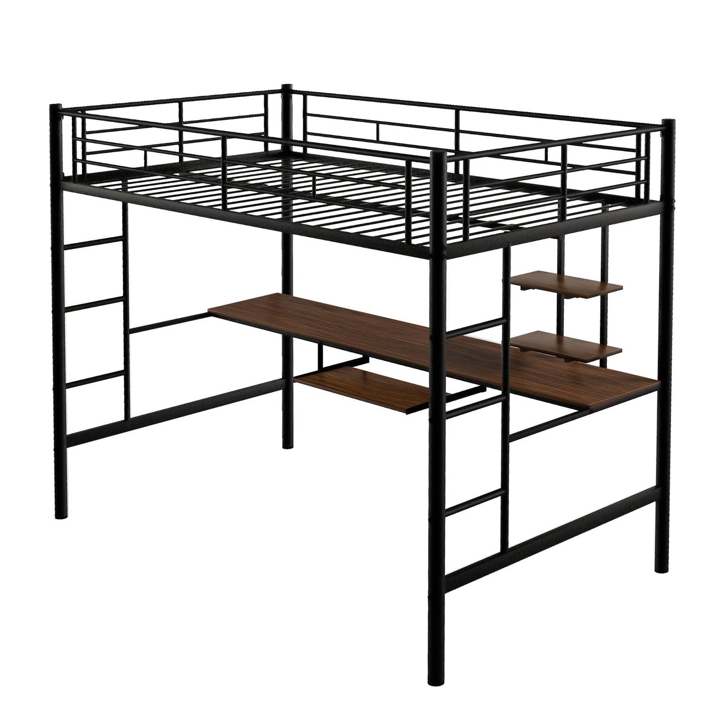 Loft Bed with Desk and Shelf, Space-Saving Design in Full Black Finish