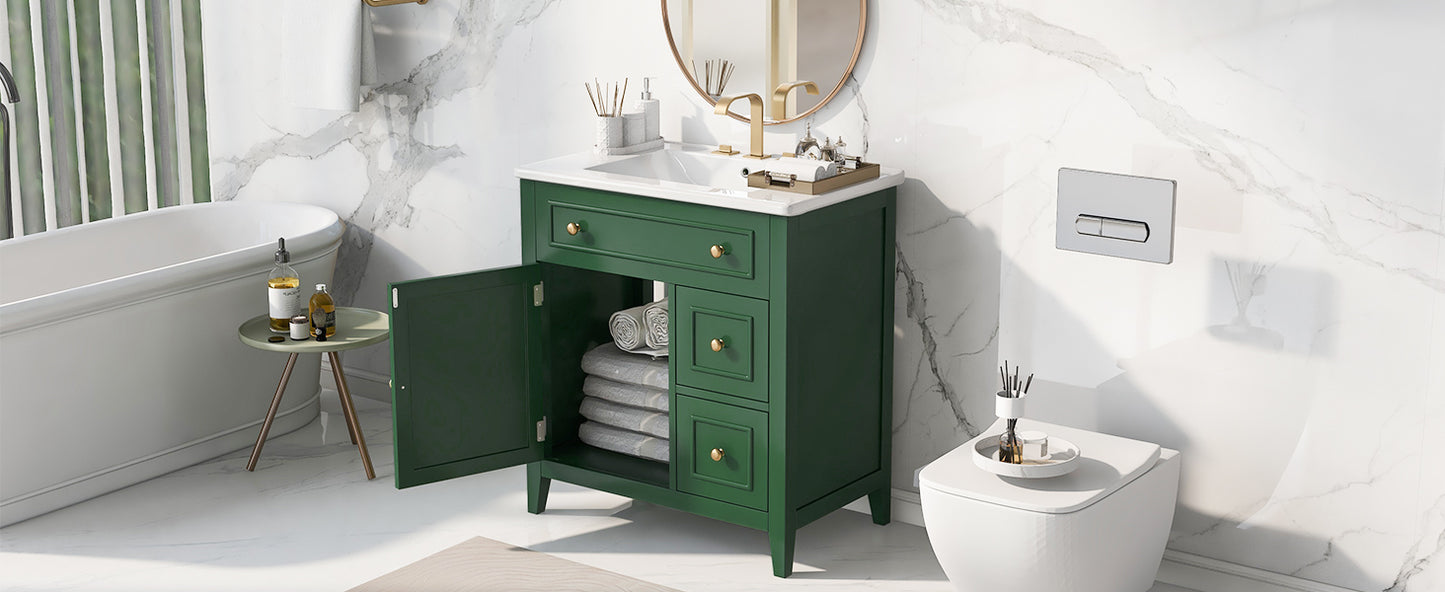 Mueble de baño de 30" con encimera de lavabo, armario de madera maciza con puerta y dos cajones, color verde