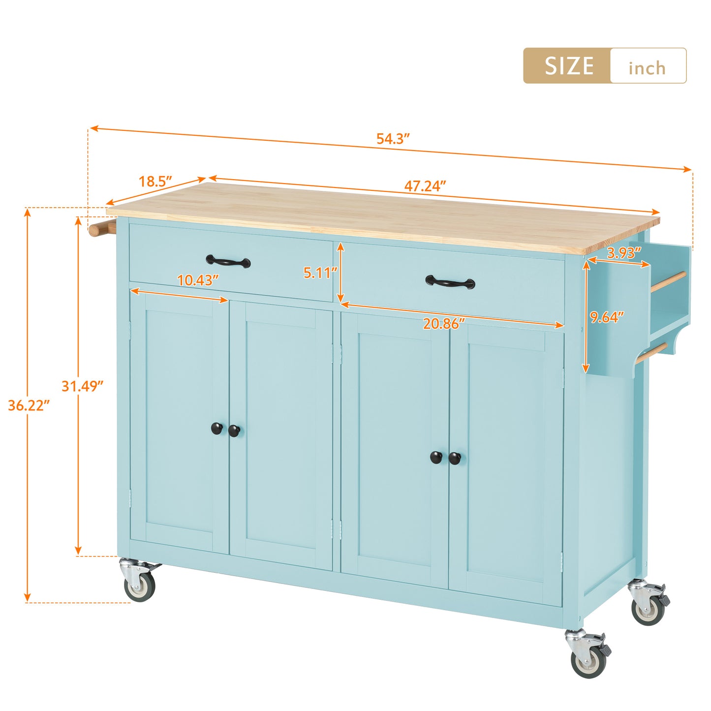 Isla de cocina con gabinete de 4 puertas, 2 cajones y ruedas con traba, cubierta de madera maciza en verde menta