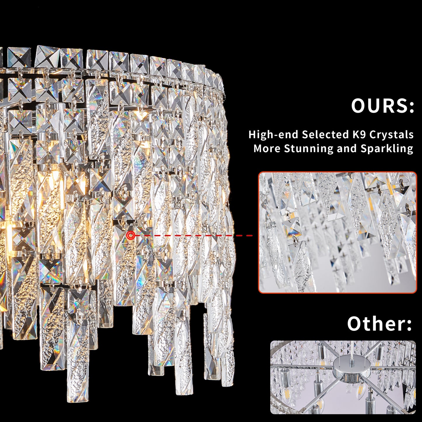 Deluxe round silver crystal chandelier, modern rectangular chandelier (excluding light bulbs)