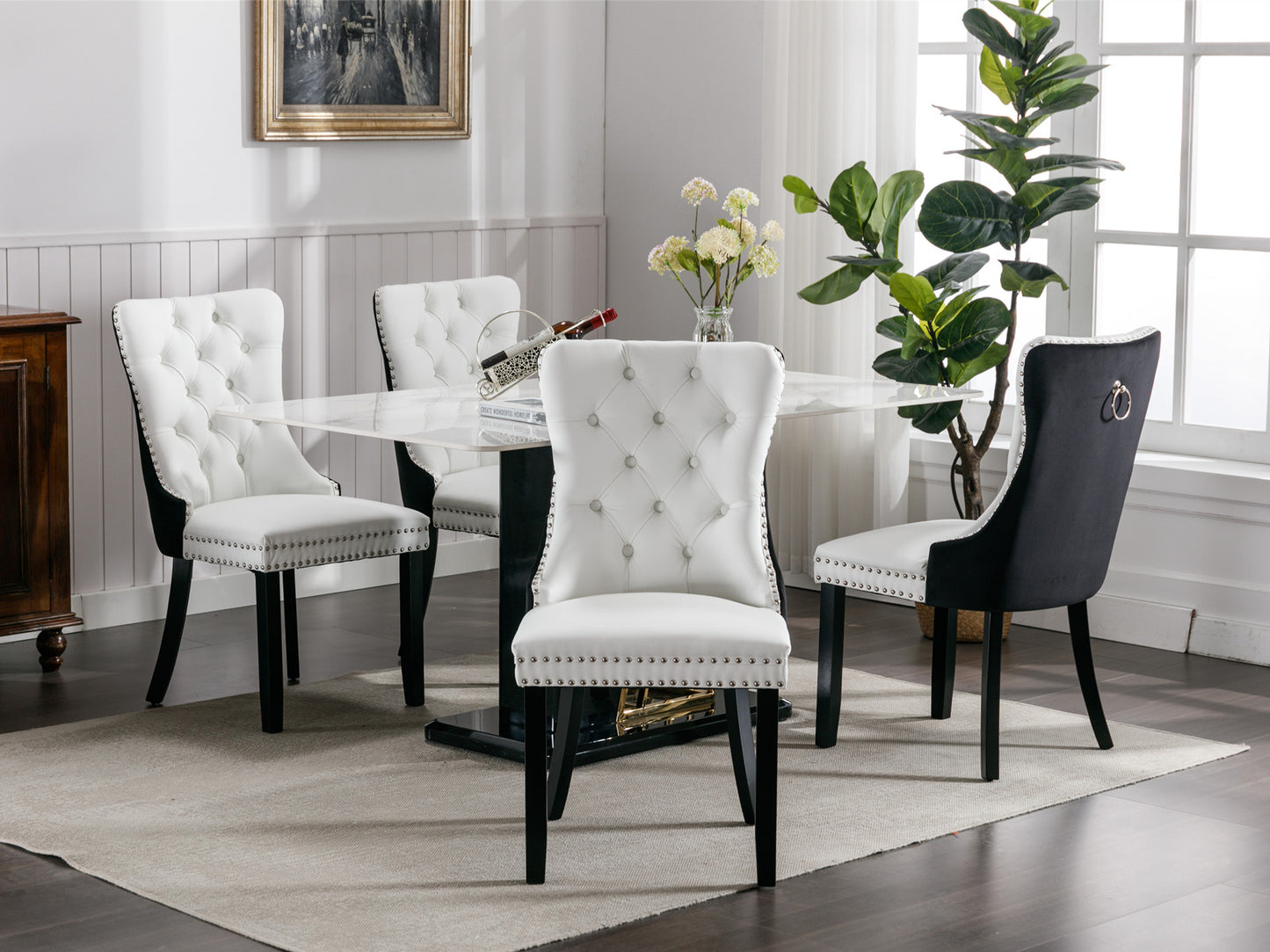 Tufted solid wood PU and velvet cushioned dining chairs with wooden leg nail head decoration 2-piece set in white and black