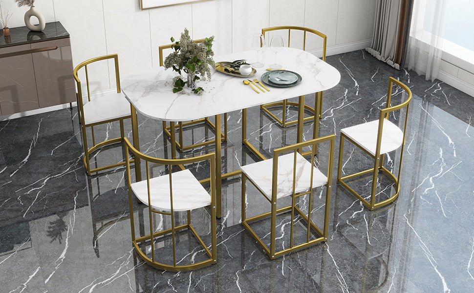 TOPMAX Modern 7-Piece Dining Table Set with Faux Marble Compact 55Inch Kitchen Table Set for 6  Golden+White