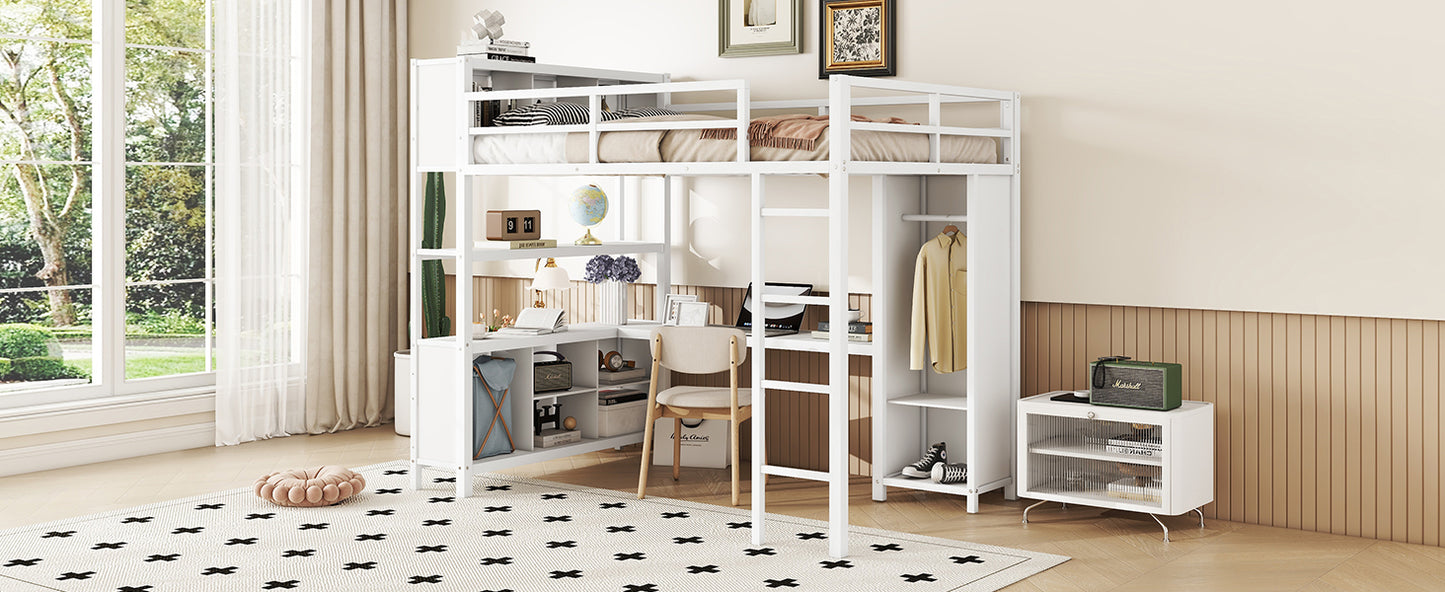 Metal loft bed with wardrobe and L-shaped desk, full-size loft bed with storage cabinet and shelf, white