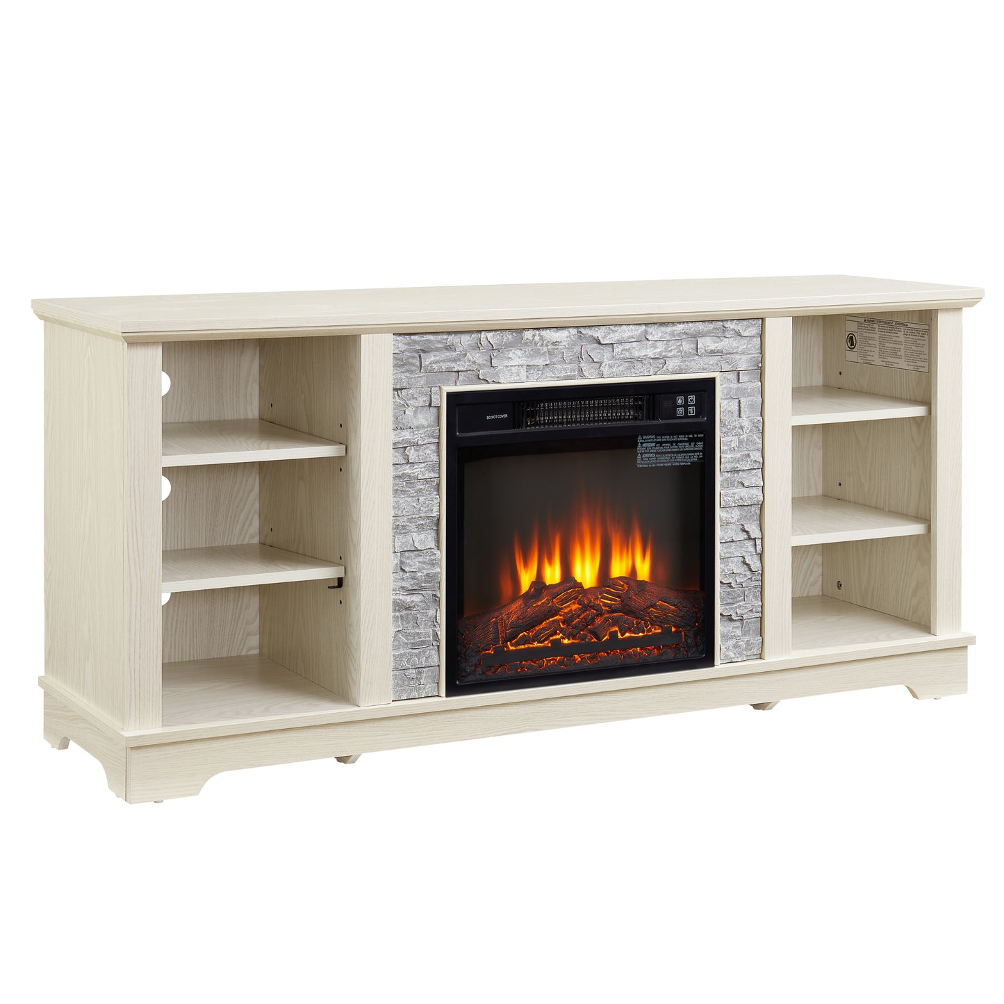 Mantel Electric Fireplace Stone TV Media Stand with Open Storage Console and 18-Inch Fireplace Insert, White