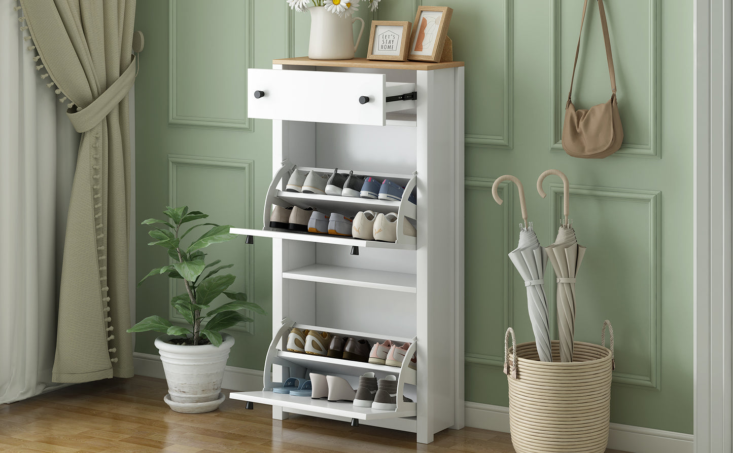 ONTREND with 2 flip drawers, top shoe cabinet with drawers, independent shoe rack with adjustable panel, white