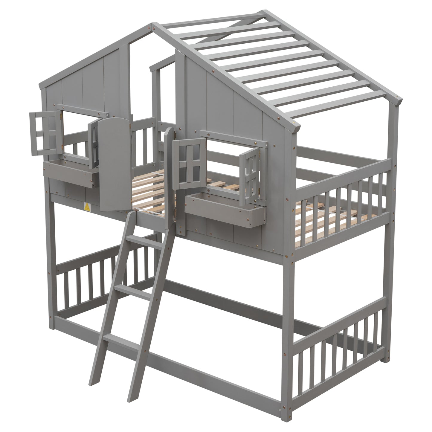 Twin over Twin House Bunk Bed with Roof , Window, Window Box, Door , with Safety Guardrails and Ladder, Grey