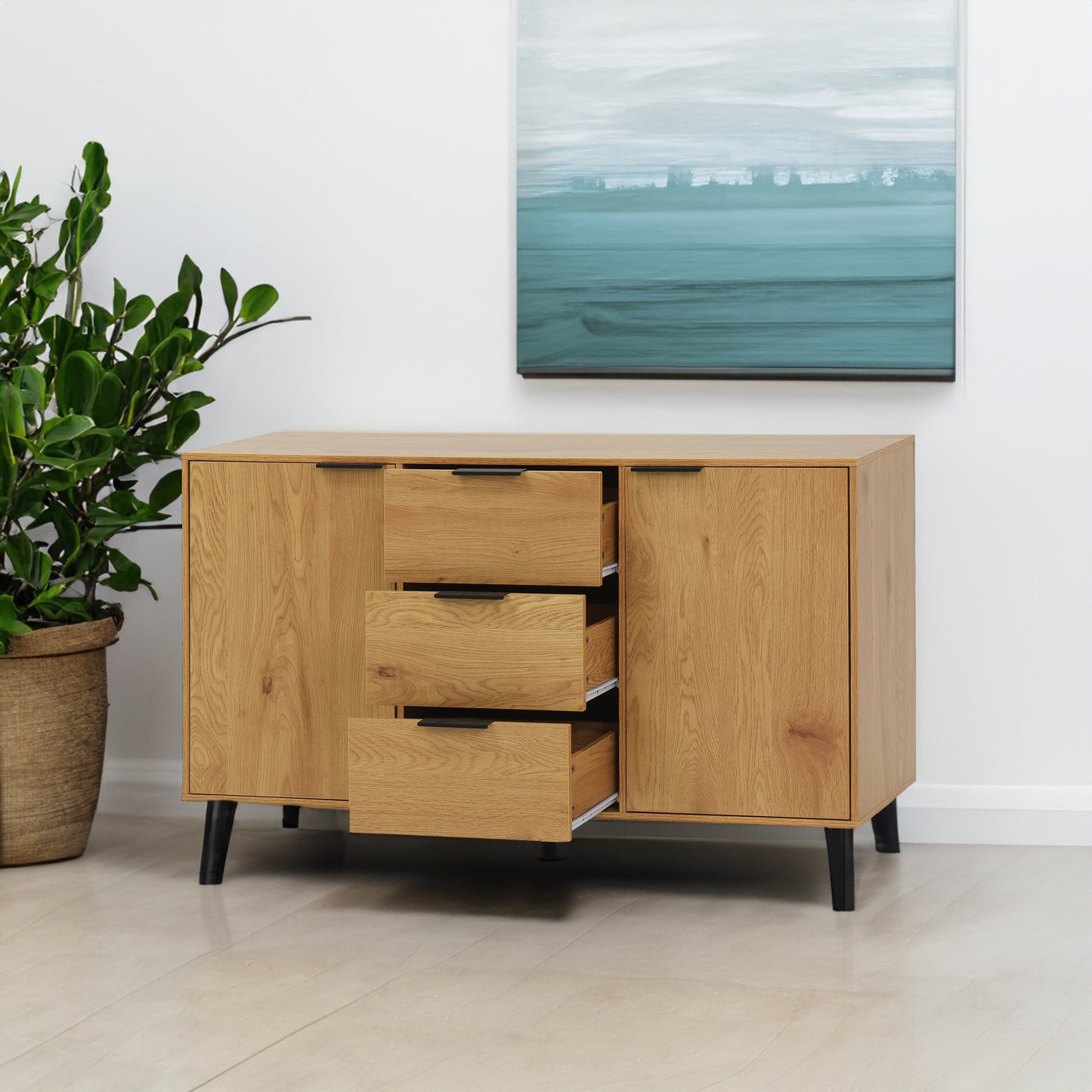 Side Panel Buffet Cabinet with 3 Drawers and 2 Doors, Natural Wood Finish for Kitchens and Dining Rooms