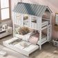 House Bunk Bed with Trundle,Roof and Windows White