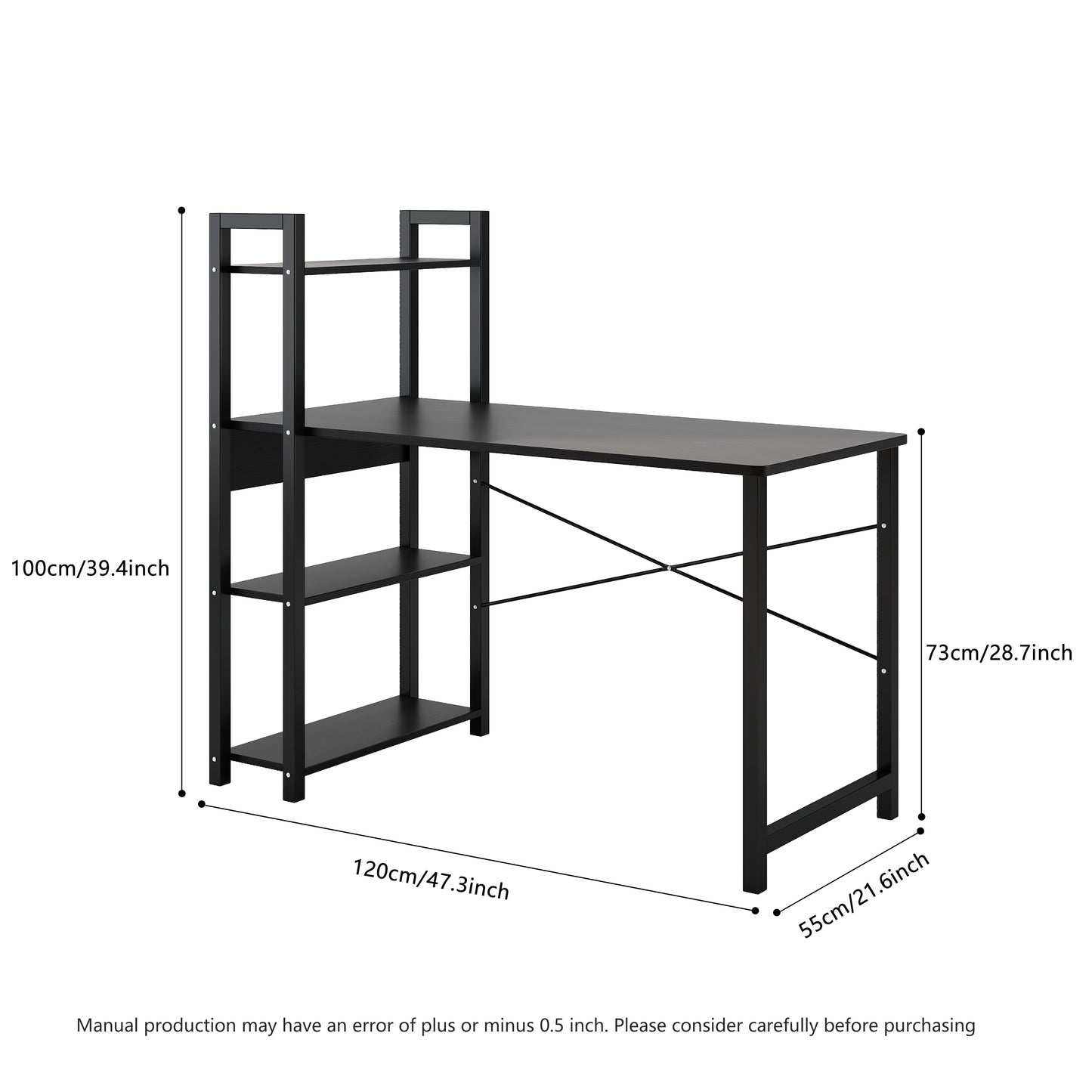 Escritorio de dormitorio con estructura de acero, 4 estantes de almacenamiento y tablero de madera, perfecto para estudiantes y oficinas en casa