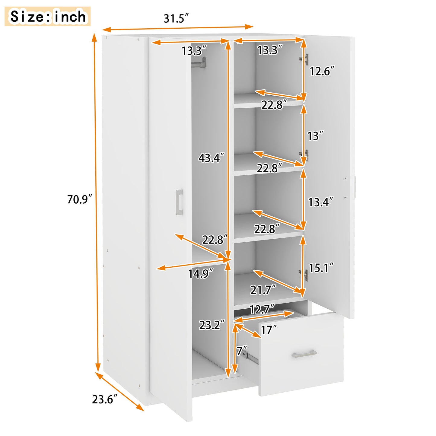 Wooden Wardrobe with Double Doors, Armoire with Hanging Rod, 5 Fixed Shelves, and 1 Drawer, White