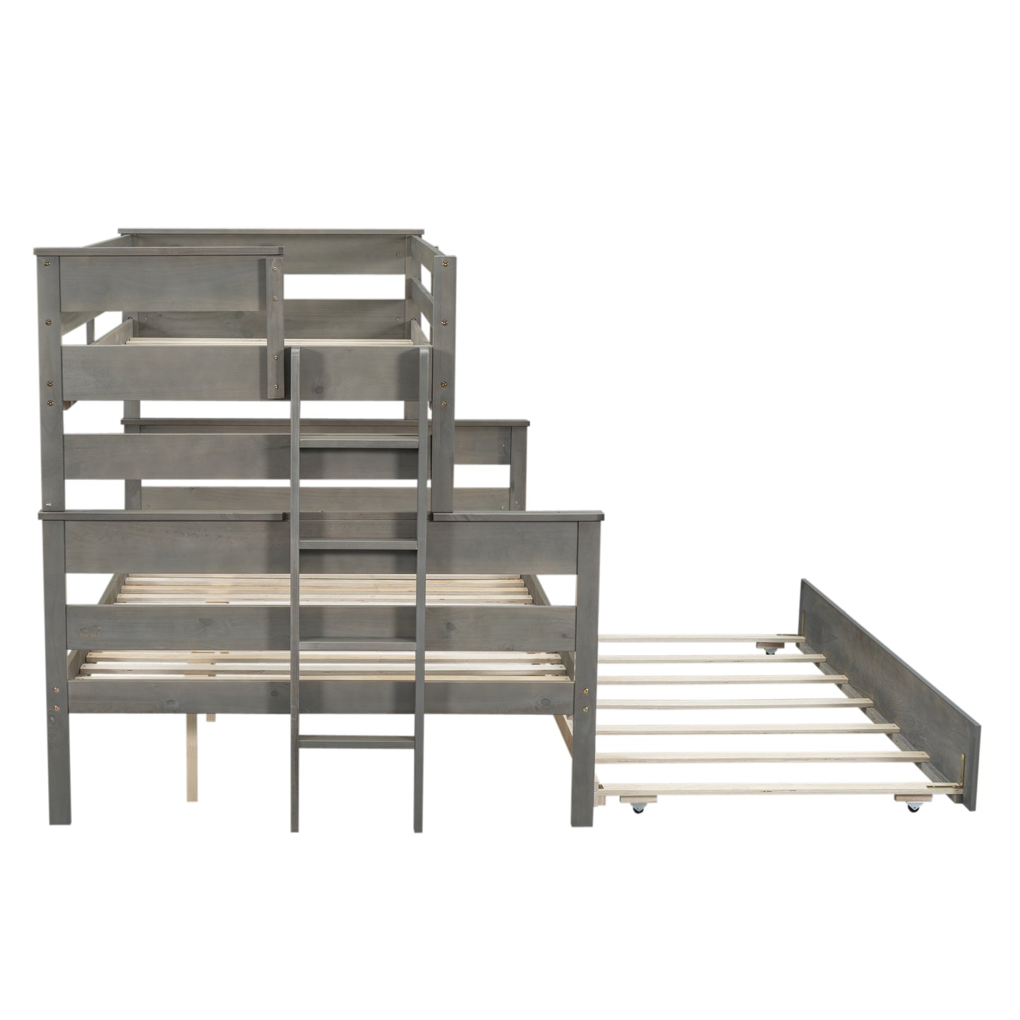 Wood Twin over Full Bunk Bed with Twin Size Trundle  Gray