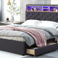 Queen Size Upholstered Platform Bed with Storage Headboard, LED Lights, USB Charging, and 2 Drawers, Dark Gray