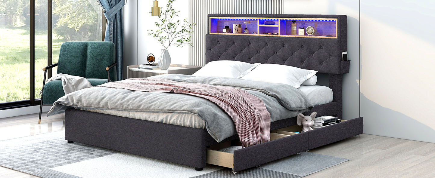 Queen Size Upholstered Platform Bed with Storage Headboard, LED Lights, USB Charging, and 2 Drawers, Dark Gray