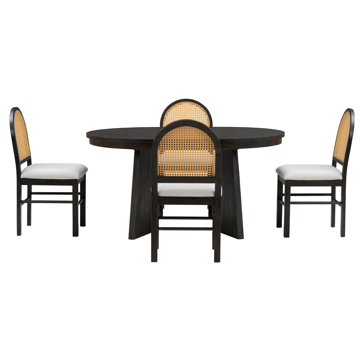 TREXM 5-Piece Retro Dining Set, Expandable Table and 4 Cushioned Chairs with Rattan Backrests, Espresso Finish