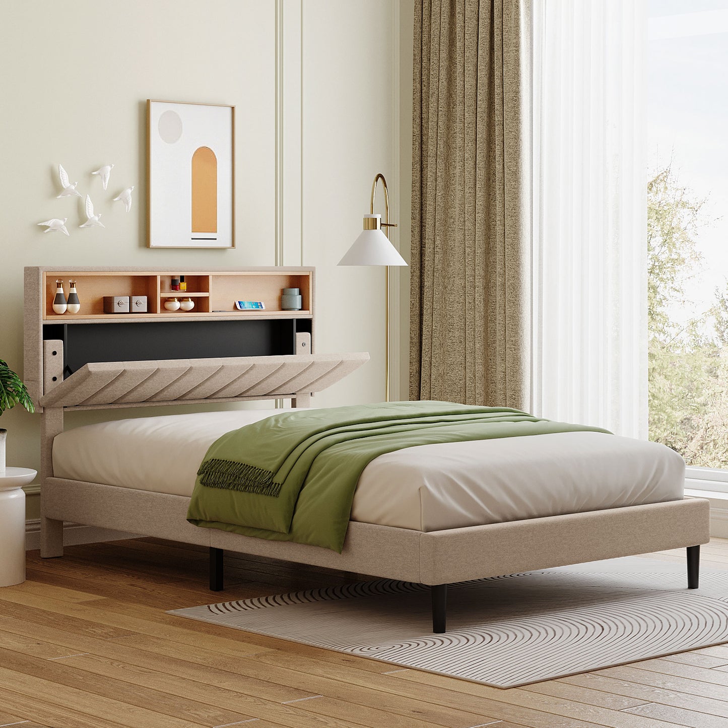 Full Size Upholstered Platform Bed with Storage Headboard and USB Port, Linen Fabric in Beige