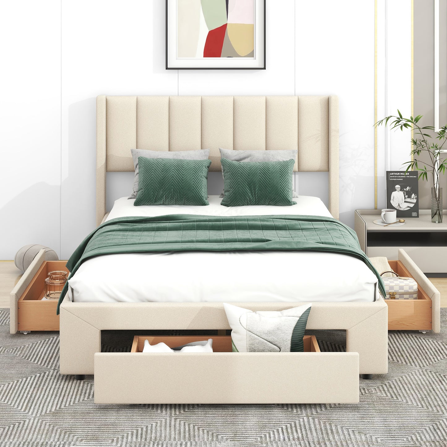 Full Size Upholstered Platform Bed with One Large Drawer in Footboard and Drawers on Each Side, Beige