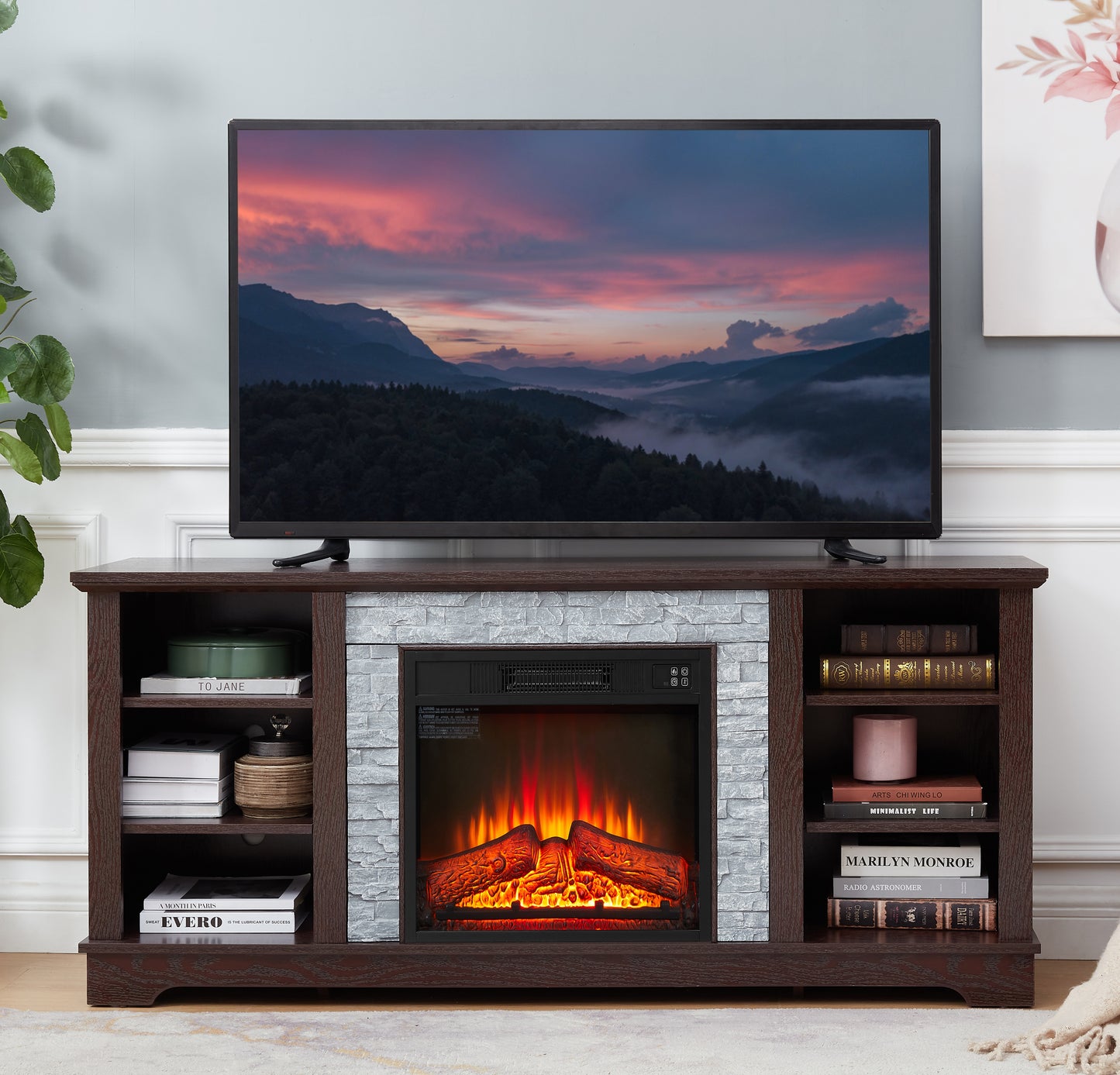 18-Inch Cherry Colored Fireplace with Open Entertainment Console, 58.31" Wide, 15.39" Deep, and 26.06" High