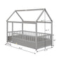 Twin Size Floor Wooden Bed with House Roof Frame Fence Guardrails Grey