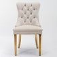 Tufted solid wood velvet soft cushion dining chair gold stainless steel plated leg nail head set of 2 pieces beige and gold