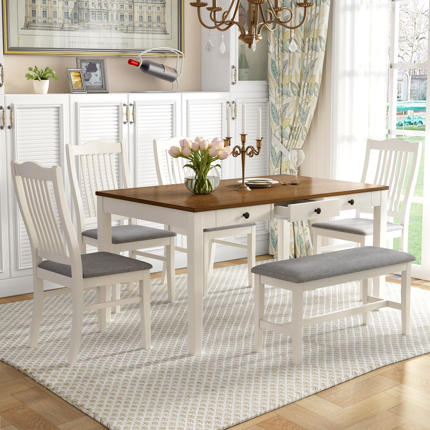 Juego de mesa de comedor de madera de 6 piezas TOPMAX Mid-Century con cajón, sillas tapizadas y banco, acabado en leche de mantequilla