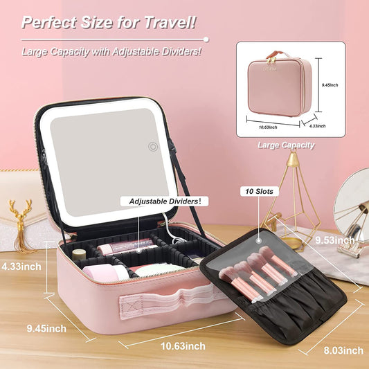 Bolsa de maquillaje con espejo LED de gran capacidad, caja de almacenamiento de partición de bricolaje multifuncional, estuche de maquillaje portátil impermeable para mujeres