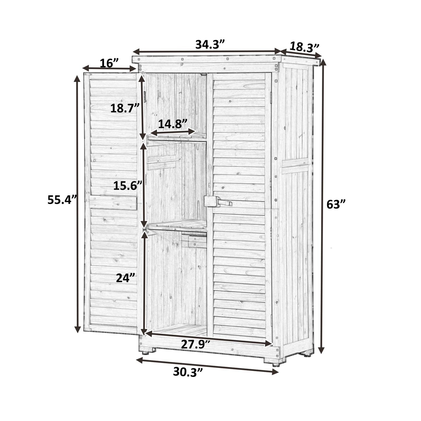 Wooden Garden Shed with 3-Tier Patio Storage, Outdoor Organizer with Fir Wood Shutter Design, Gray