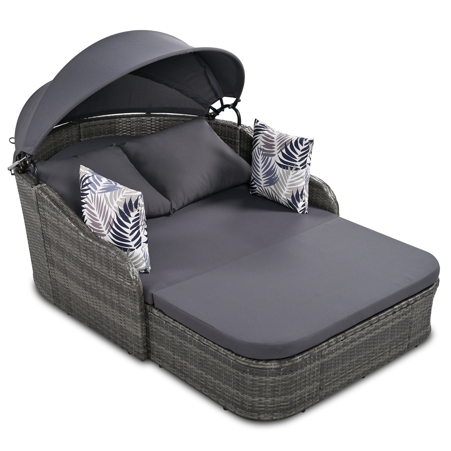 GO 79.9" Outdoor Sunbed with Adjustable Canopy, Double Lounge in Gray Wicker and Cushion