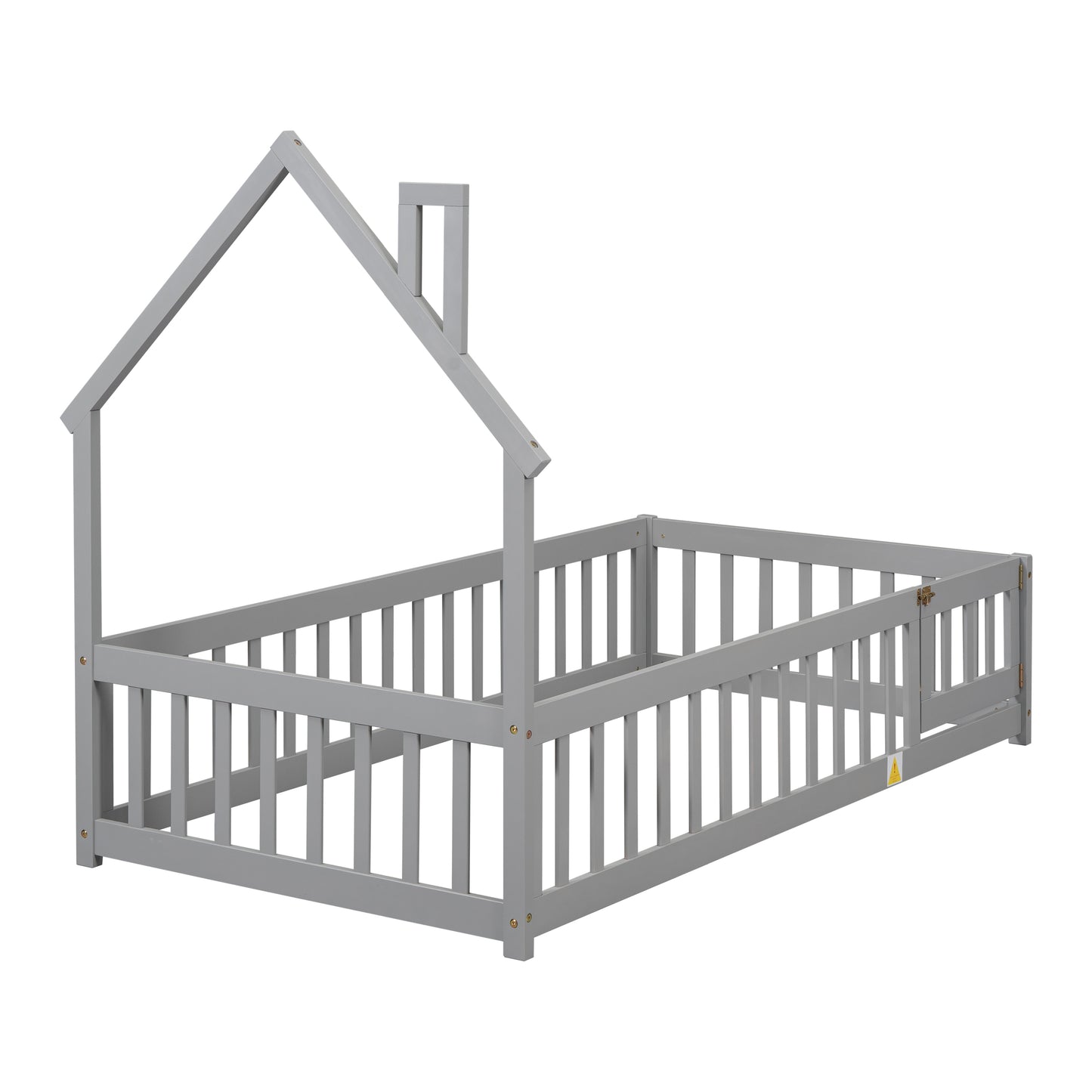 Twin House-Shaped Headboard Floor Bed with Fence Grey