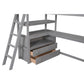 Twin Size Loft Bed with Desk and Shelves, Two Built-in Drawers, Gray