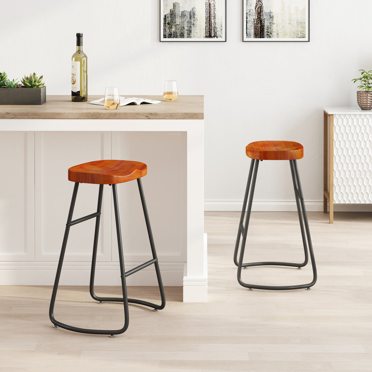 Stylish and Minimalist Bar Stools Set of 2 Counter Height Bar Stools for Kitchen Island Brown