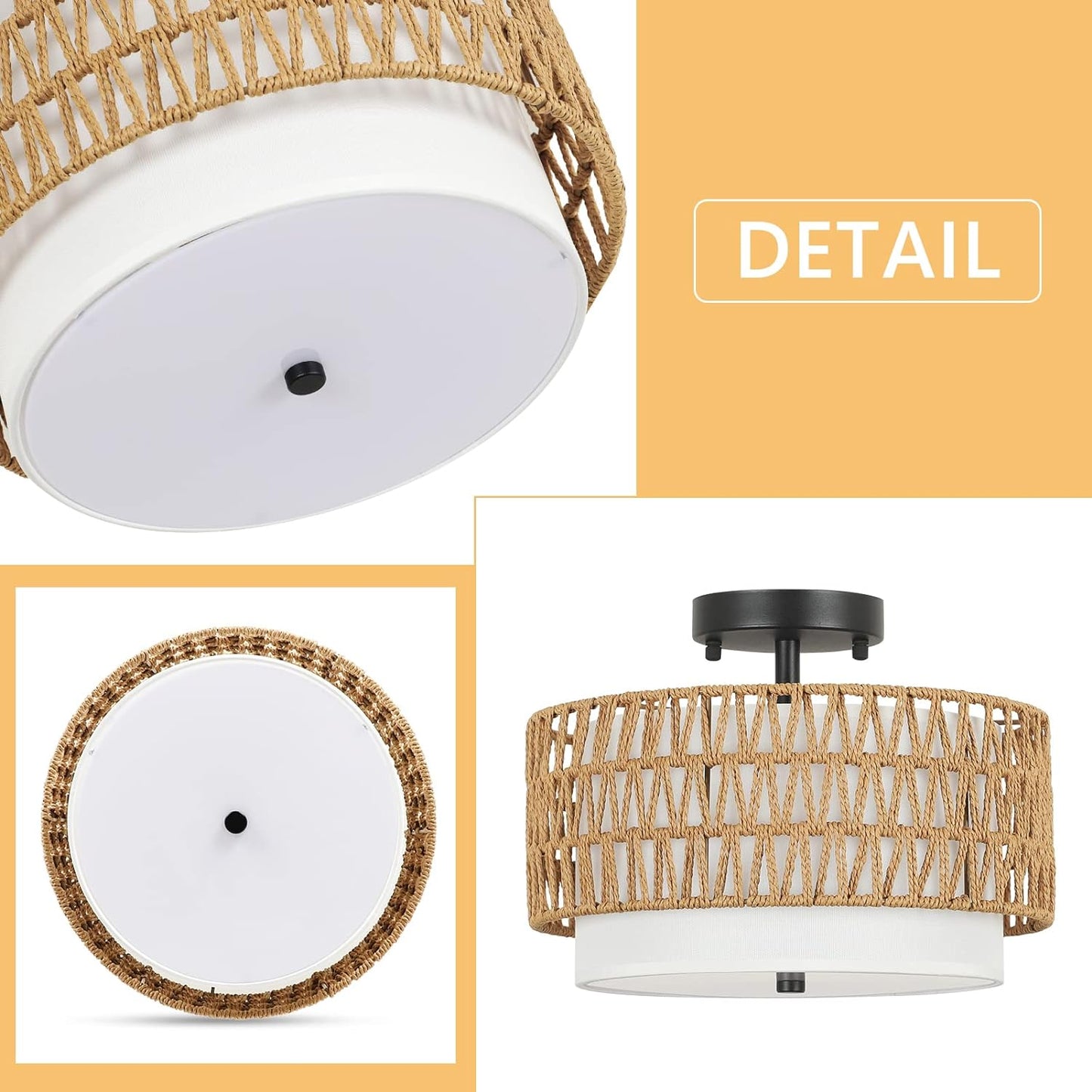 3-Light Semi Flush Mount Ceiling Light Fixture, Boho Rattan Light Fixtures Ceiling, Farmhouse Drum Light with Fabric Shade