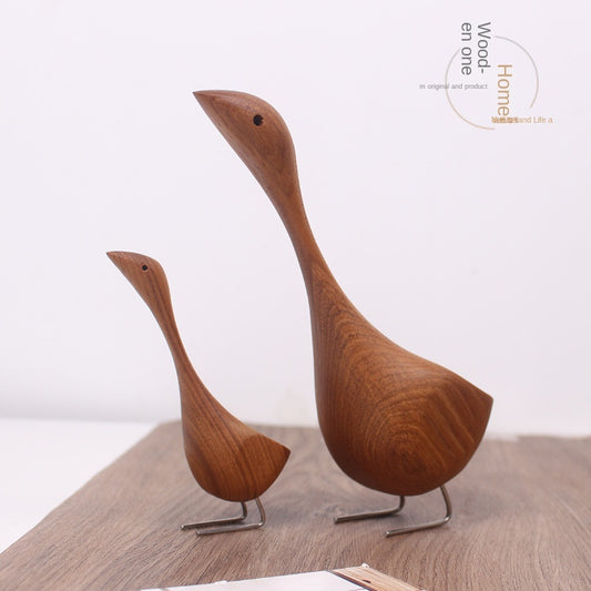 Swan Wooden Figurine Creative Desktop Home Decor Wood Carved Goose Craft Carving Nordic Figurine