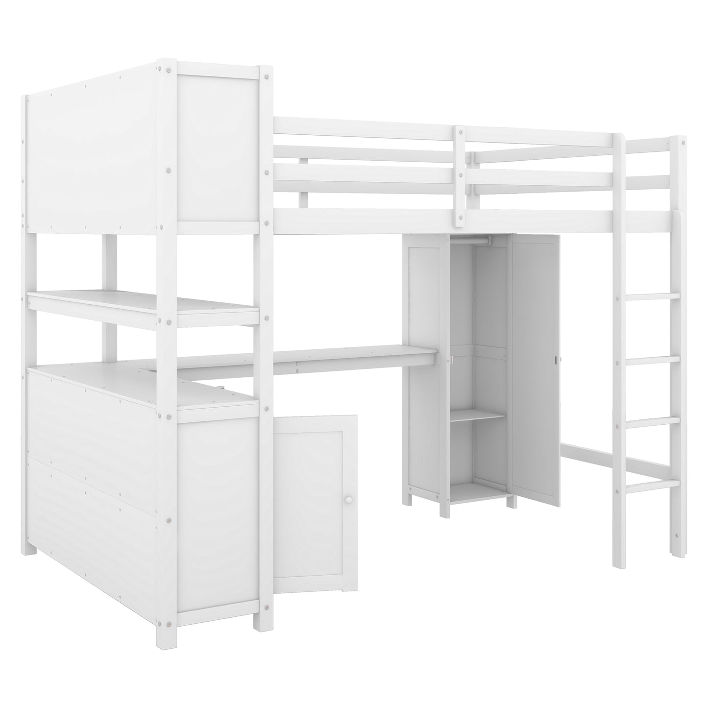 Wood Loft Bed with Cabinet and Bookshelf, Full Size Loft with Wardrobe and Desk for Kids,White