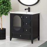 Bathroom Vanity with Sink, Bathroom Vanity Cabinet with Three Drawers and Door, Solid Wood and MDF, Black