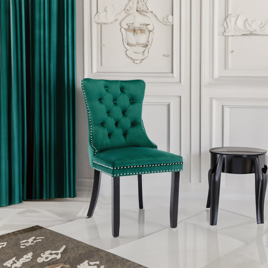 High-end Tufted Solid Wood Contemporary Velvet Upholstered Dining Chair with Wood Legs Nailhead Trim 2-Pcs Set Green