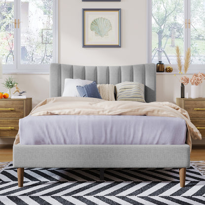 Upholstered Platform Bed Frame with Vertical Channel Tufted Headboard No Box Spring Needed Full Gray