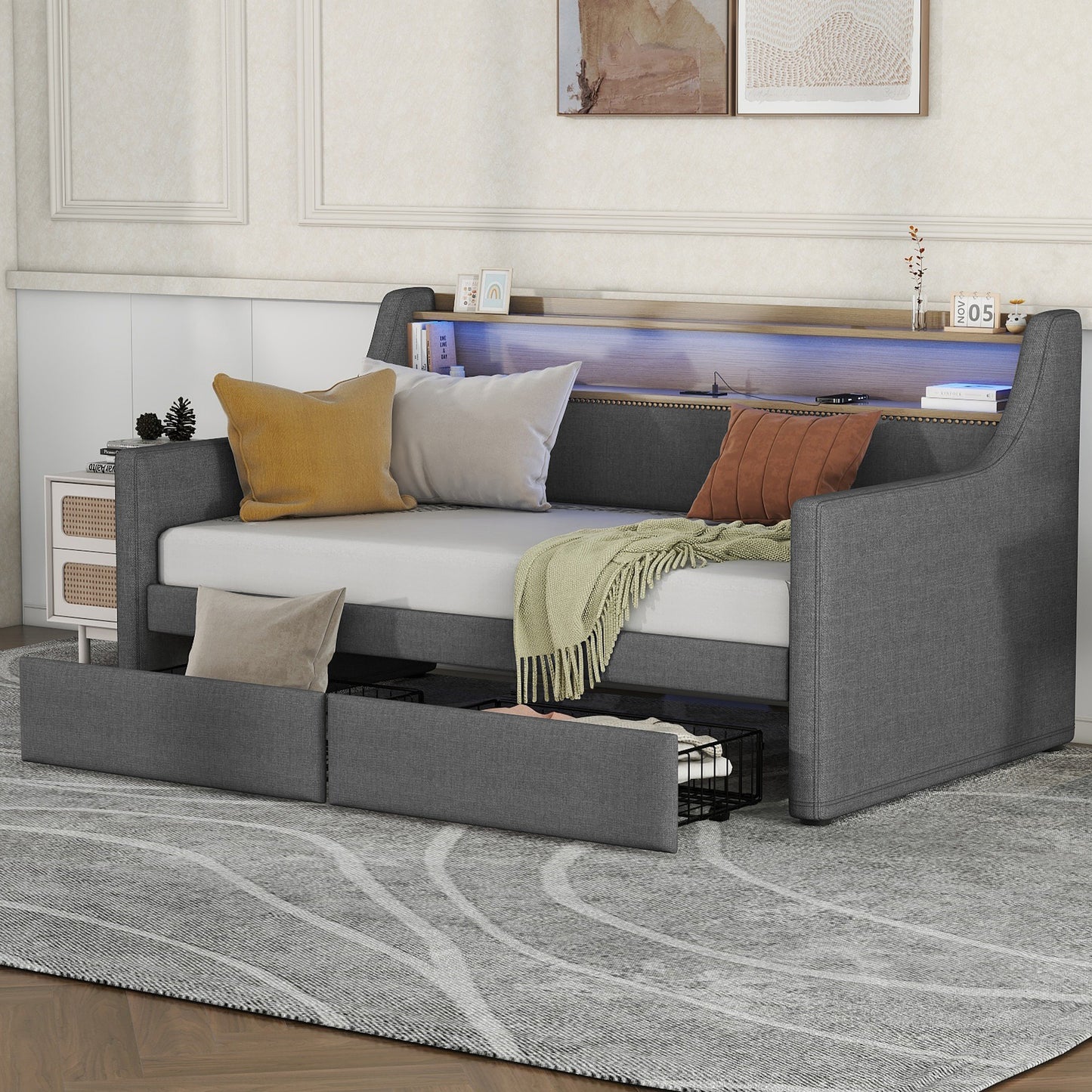 Twin Size Daybed with Storage Drawers, Upholstered Daybed with Charging Station and LED Lights, Gray