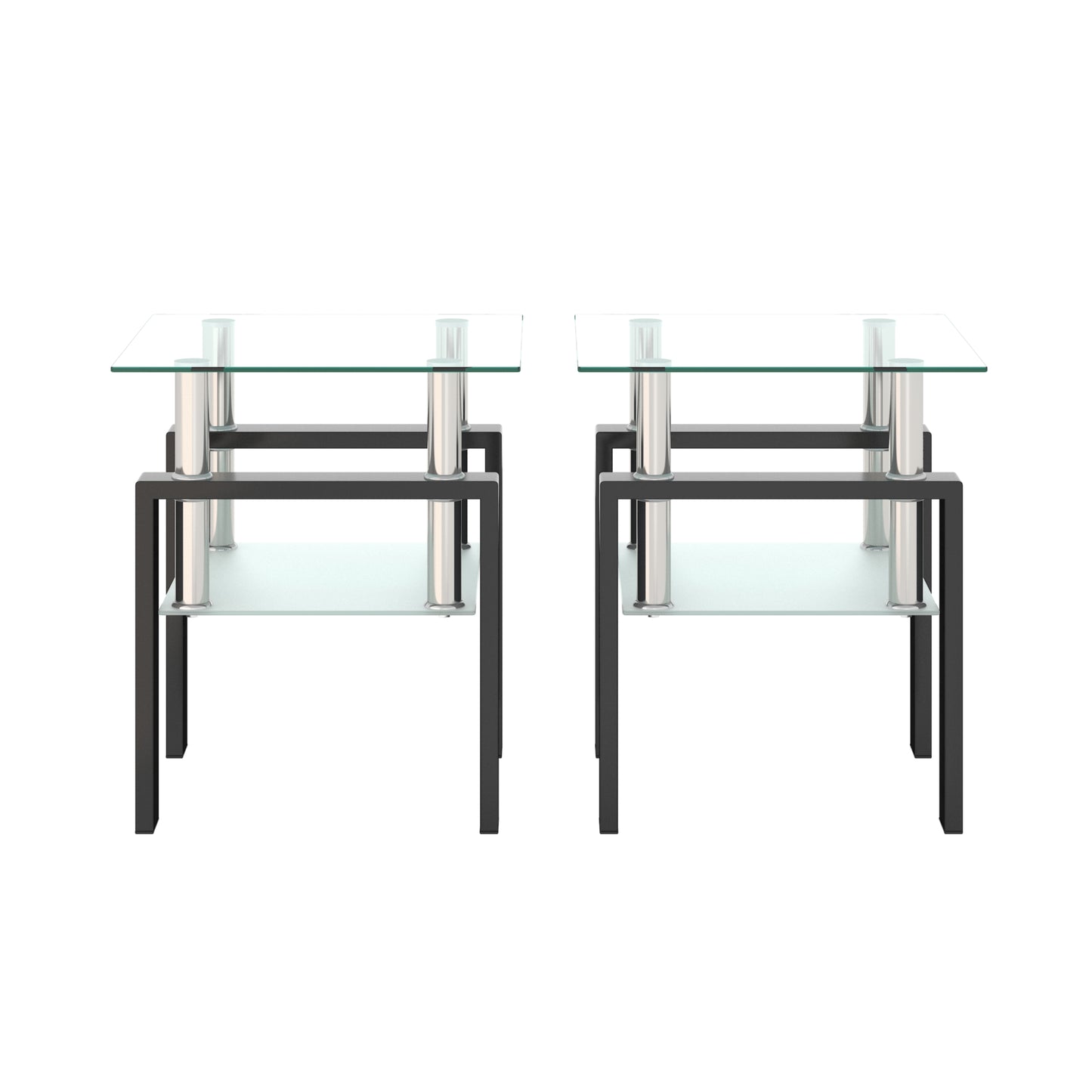 Set of 2 Modern Tempered Glass Tea Tables, Square Design for Living Rooms, Transparent/Black Finish