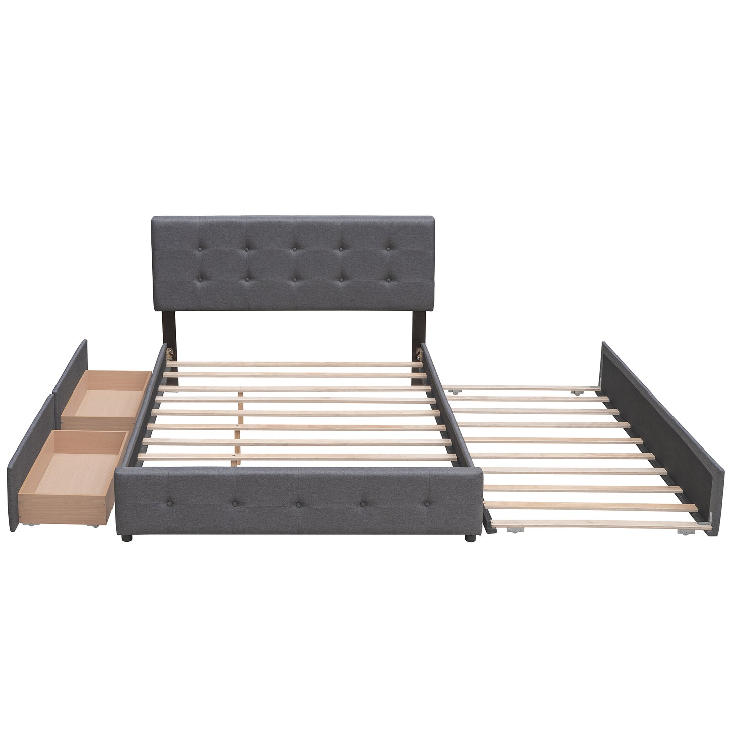 Upholstered Platform Bed with 2 Drawers and 1 Twin XL Trundle Linen Fabric Queen Size - Dark Gray