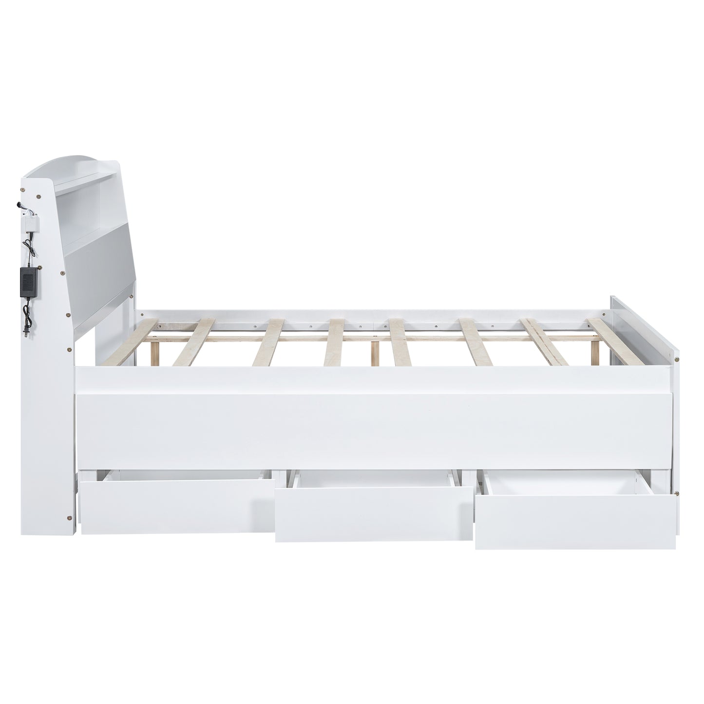 Full Size Platform Bed with Storage LED Headboard  Twin Size Trundle and 3 Drawers White