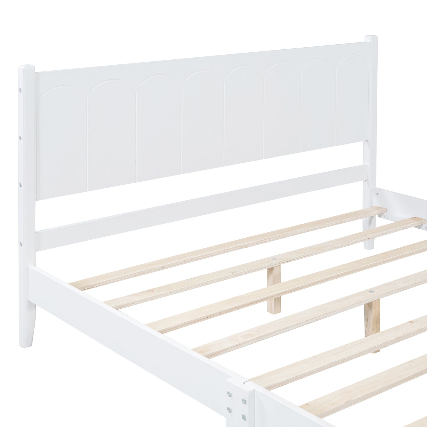 Queen Size Wood Platform Bed Frame, Retro Style Bed with Rectangular Headboard,No Need Box Spring,White