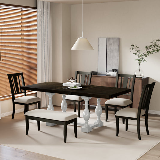 Traditional 6-Piece Trestle Extendable Dining Table Set with Removable Leaf, Padded Chairs, and Bench, Distressed White