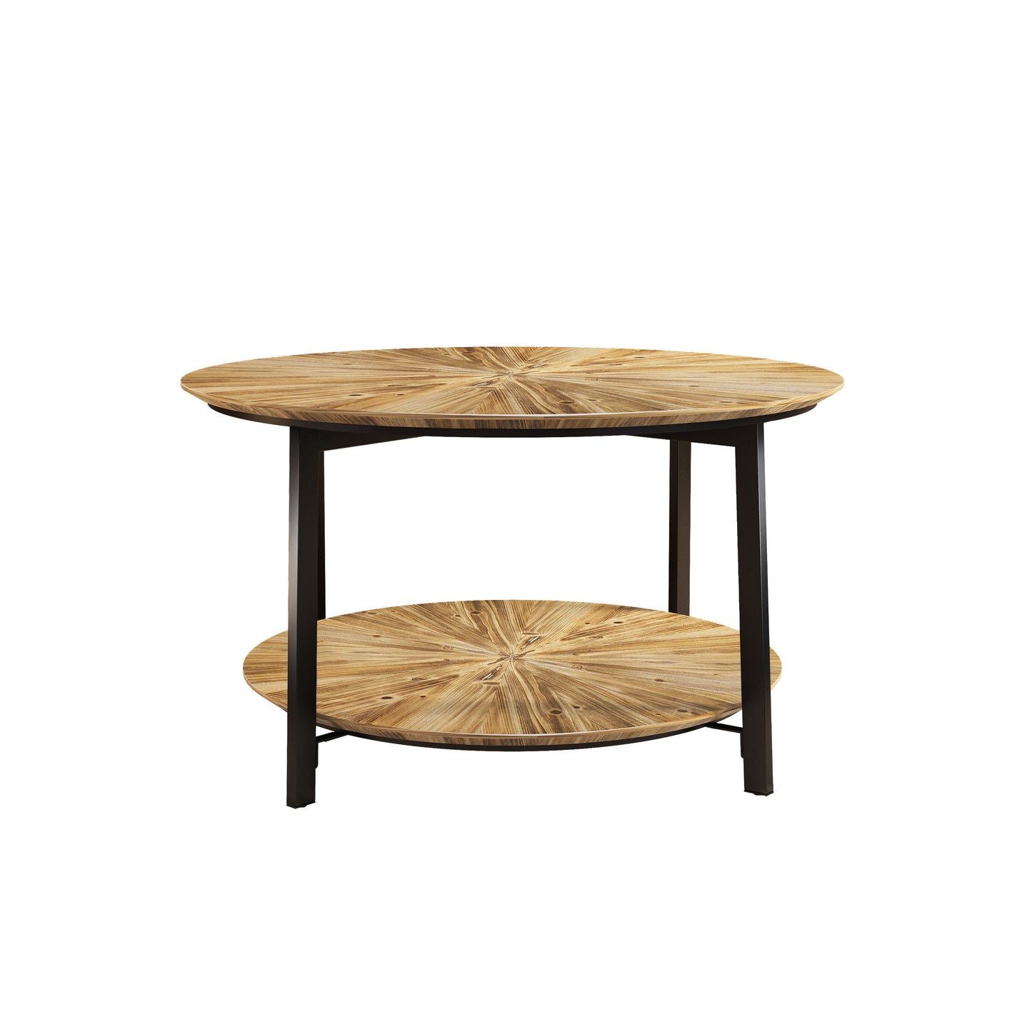 Round Coffee Table Stand Wooden Double Layer Coffee Table with Open Storage Space and Metal Table Legs