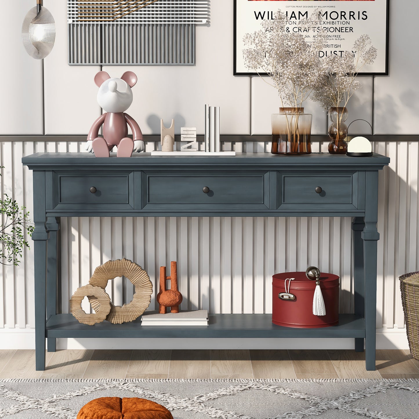 TREXM Classic Retro Style Console Table with Three Top Drawers and Open Style Bottom Shelf (Navy)