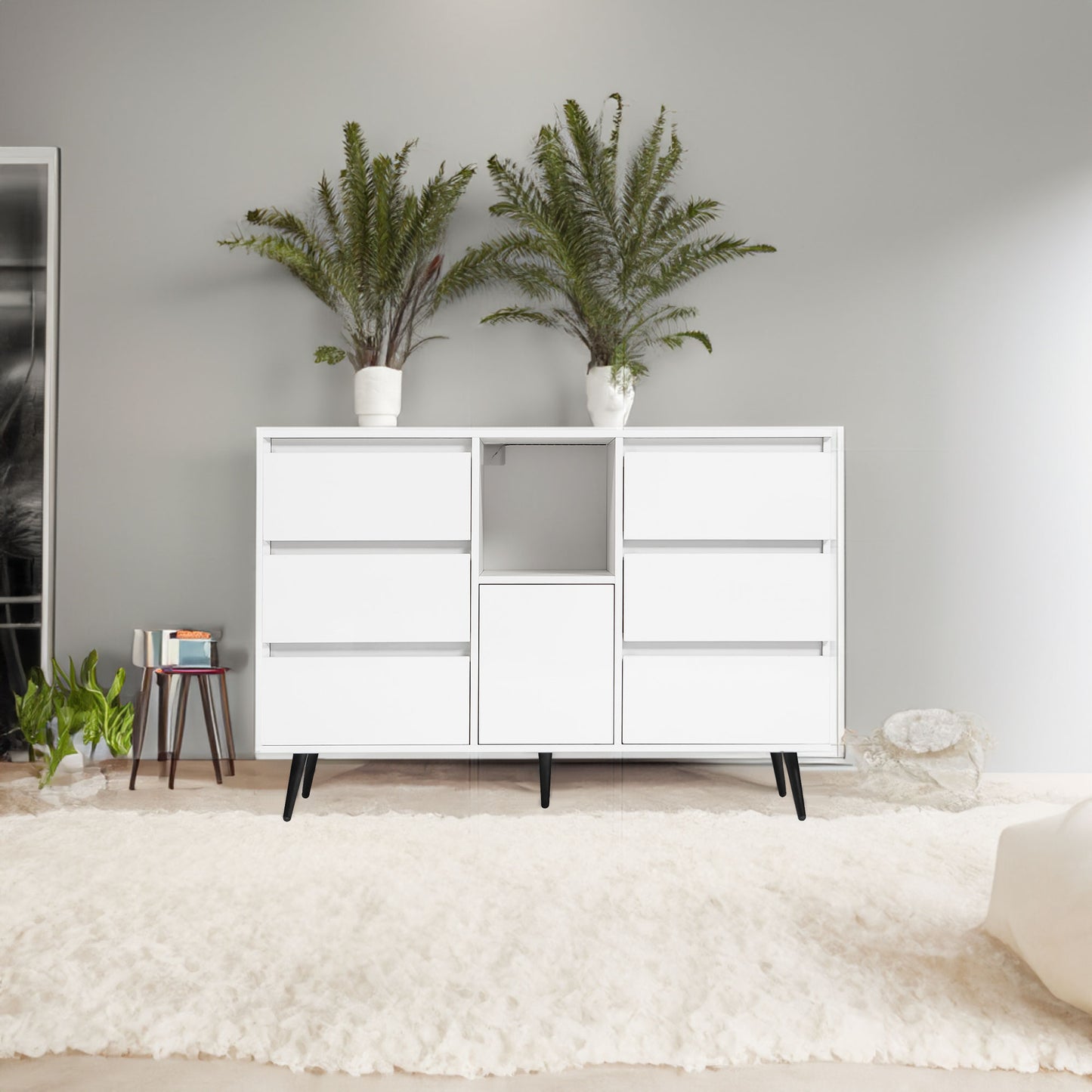 Living Room Sideboard Storage Cabinet White High Gloss with LED Light