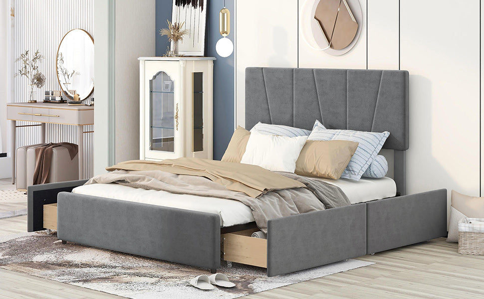 Queen Size Upholstery Platform Bed with Four Drawers on Two Sides  Adjustable Headboard  Grey