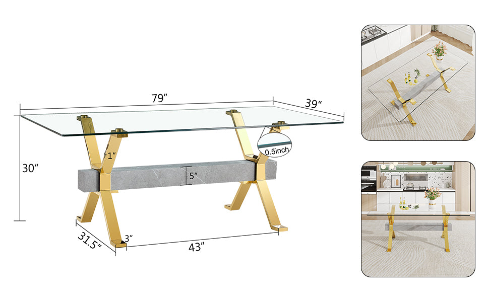 Modern Tempered Glass Dining Table, Large Office Desk with Gold Plated Metal Legs and MDF Crossbars