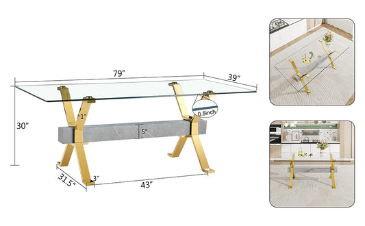 Modern Tempered Glass Dining Table, Large Office Desk with Gold Plated Metal Legs and MDF Crossbars