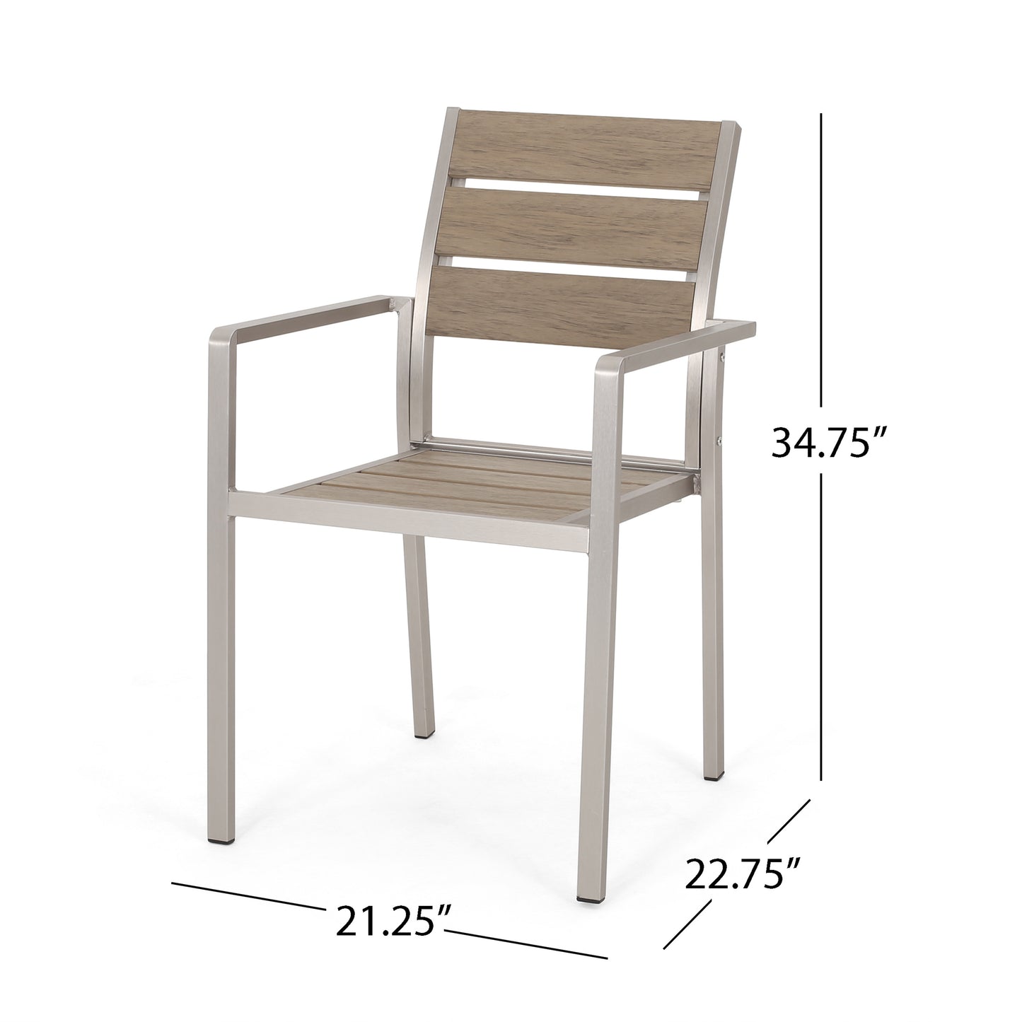 Silla de comedor moderna de aluminio para exteriores con asiento de madera sintética, juego de 2 en color natural y plateado