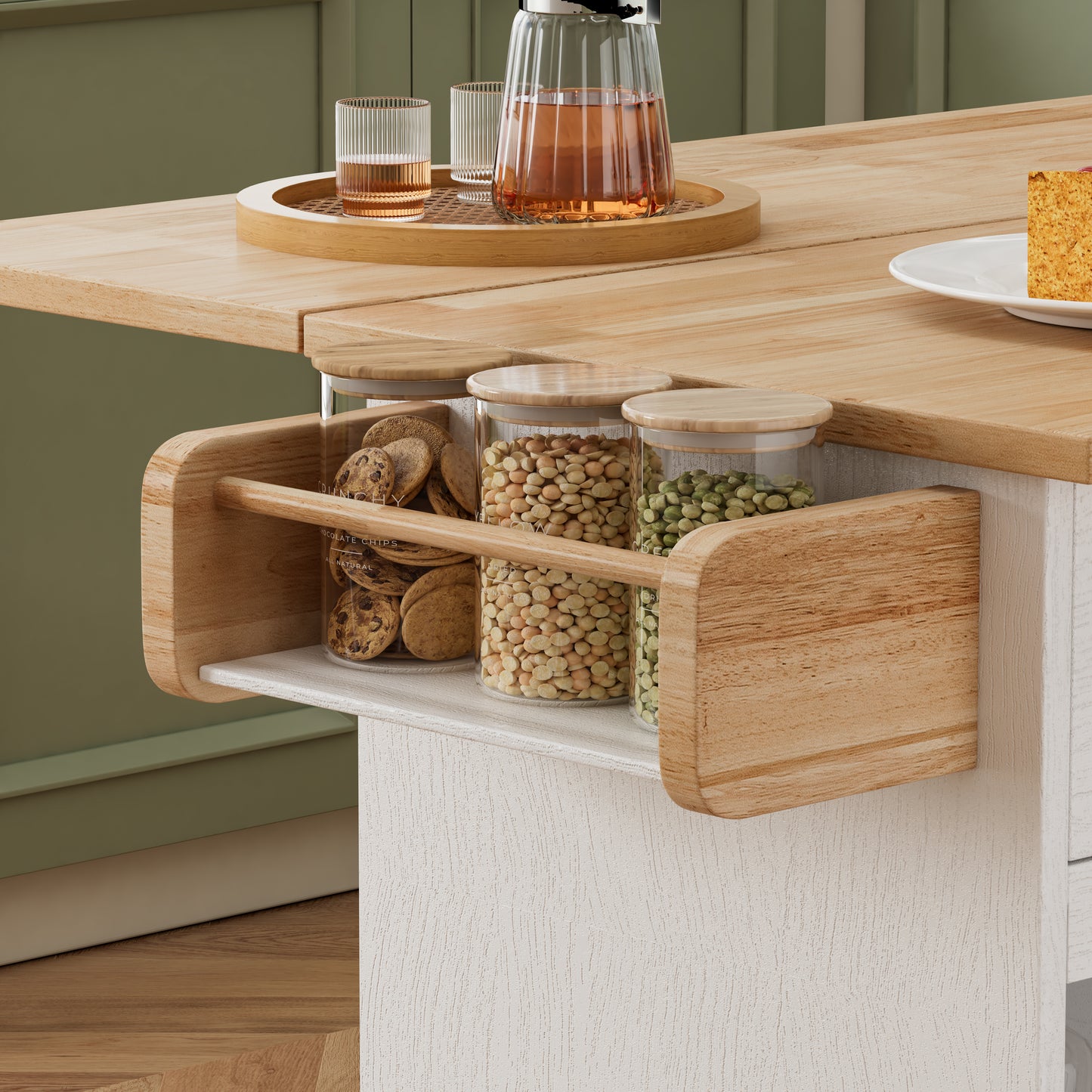 44 Inch Kitchen Island Cart with Solid Wood Top, Wine Storage, Spice Rack, Towel Rack, Wine Glass Holder White & Oak